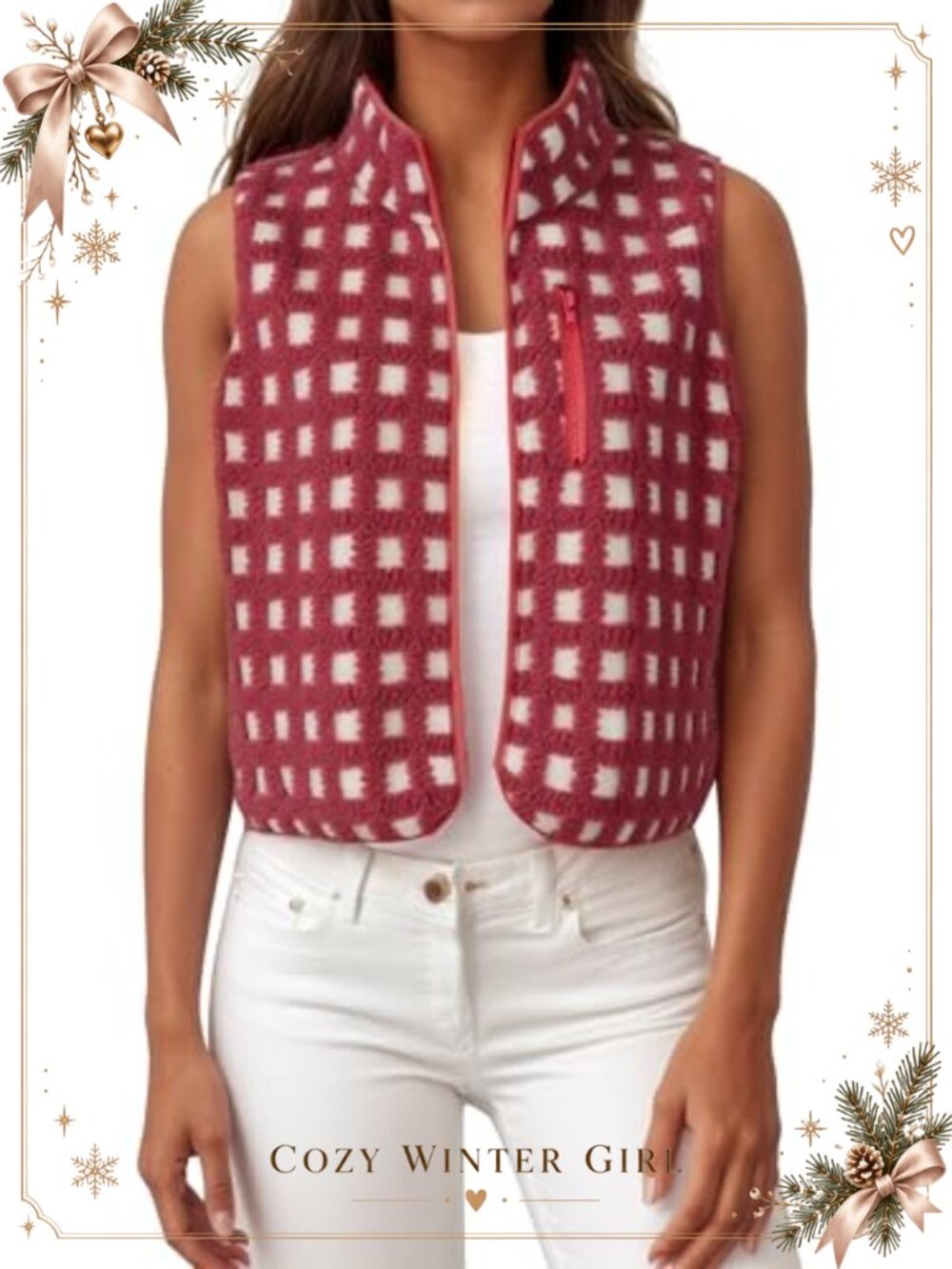 Womens Checkered Sherpa Fleece Vest Sleeveless Zip Up Plaid Gilet Outerwear